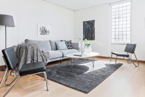 Vardagsrum med grå soffa